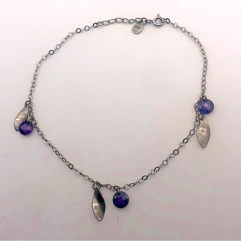 925 𝅺Sterling Silver Purple Cz Dangle Stone Bracelet 8” - 9” Adjustable